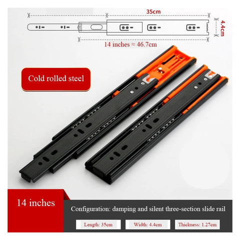 Premium Bottom Mount Drawer Slides 8 to 20 Inch Silent Concealed Heavy Duty Cabinet Runners showing 14-inch cold rolled steel rails.