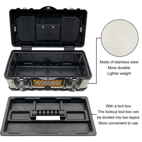 Open portable steel toolbox for Lockout Tagout Kit with clamp on circuit breaker locks, group lockout hasps, safety tags, OSHA compliance.