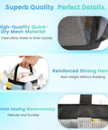 Images of Durable Mesh Shower Caddy With Nine Pockets showing quick-dry material, reinforced handle, and sewing details.