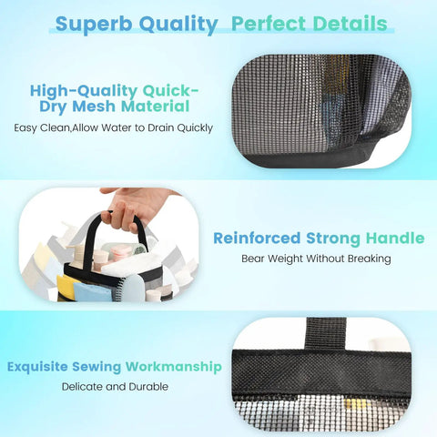 Images of Durable Mesh Shower Caddy With Nine Pockets showing quick-dry material, reinforced handle, and sewing details.