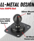 Heavy Duty Laser Cut Aluminum Four Hole Ampplates Base Mount showing 20mm mounting ball and all-metal construction detail.