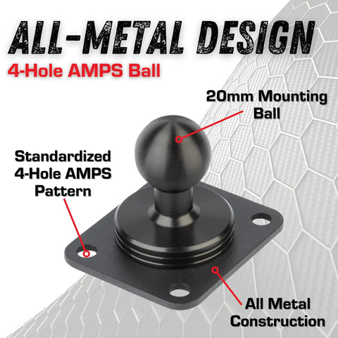 Heavy Duty Laser Cut Aluminum Four Hole Ampplates Base Mount showing 20mm mounting ball and all-metal construction detail.