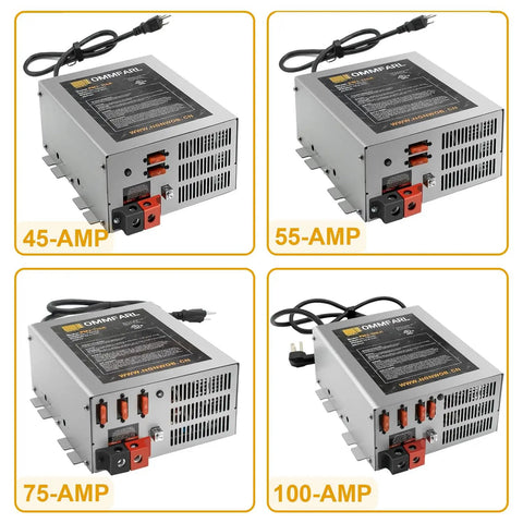 Reliable Serious Juice 55 Amp 120V To 12V DC Power Converter With Built In Three Stage Smart Battery Charger in silver metal housing.