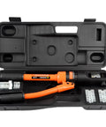 Beefy 12 Ton Hydraulic Crimping Tool For 6 AWG To 40 AWG Cables With 8 Die Sets Heavy Duty Battery Cable Lug Crimper Ergonomic Grip For Precise Hex Die Crimping On Electrical Terminals. Case with hydraulic crimp tool and hex dies