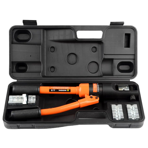 Beefy 12 Ton Hydraulic Crimping Tool For 6 AWG To 40 AWG Cables With 8 Die Sets Heavy Duty Battery Cable Lug Crimper Ergonomic Grip For Precise Hex Die Crimping On Electrical Terminals. Case with hydraulic crimp tool and hex dies
