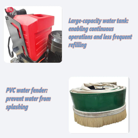 Workhorse 12 Head Concrete Floor Polishing Grinder with red water tank and green PVC water fender for epoxy floors.