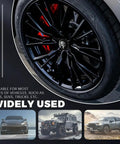 Premium Skull Wheel Center Caps 4 Pack Universal 2.2 Inch Aluminum Hub Covers Waterproof Rim Stickers For Cars Trucks And Heavy Riders Built Tough To Beef Up Your Setup Style on black wheel with red caliper.