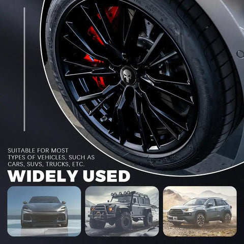 Premium Skull Wheel Center Caps 4 Pack Universal 2.2 Inch Aluminum Hub Covers Waterproof Rim Stickers For Cars Trucks And Heavy Riders Built Tough To Beef Up Your Setup Style on black wheel with red caliper.