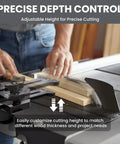 Precision Thin Rip Jig Featuring Heavy Duty Triple Pulleys For Dead Set Accurate Strip Cuts, Fits Standard U And T Slots, Smooth Operator On Table Saw Plus Band Saw, showing adjustable height setup.