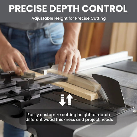 Precision Thin Rip Jig Featuring Heavy Duty Triple Pulleys For Dead Set Accurate Strip Cuts, Fits Standard U And T Slots, Smooth Operator On Table Saw Plus Band Saw, showing adjustable height setup.