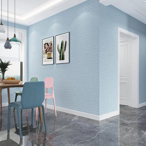 Room with Light Blue Faux Grasscloth Peel And Stick Wallpaper 15.7x120 Inches Self Adhesive Contact Paper With Textured Fabric Look.