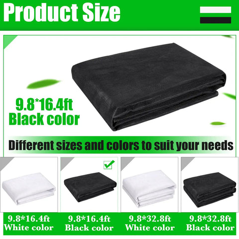 Heavy Duty Garden Mesh Netting 9.8 X 16.4 Ft With Upgraded PPT Nano Material displayed in black, folded and various sizes shown.