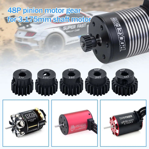 5 Piece 48P Pinion Gear Set 17T 18T 19T 20T 21T For 3.175mm Shafts With Hex Key Beef Up Your 1 10 Scale RC Cars Traxxas HSP Arrma HPI Axial Tamiya Losi Brushless Motors, shown in pack with brushless motor images