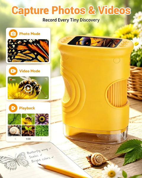 Kid-Friendly Handheld Microscope With 2.0 Inch IPS Screen, 1000X Magnification, Rechargeable Portable STEM Lab Toy for Boys and Girls Ages 4-12, Outdoor Science Gift, Educational Pocket Microscope, Orange shown on wooden table