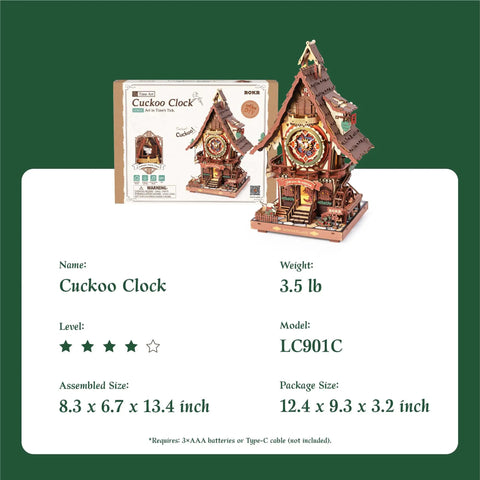 Product packaging and built 3D Wooden Puzzle Cuckoo Clock Model Kit With Real Function For Adults And Teens displayed on green background
