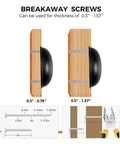 Breakaway screws for wood thickness of 0.5 to 1.57 inches, shown with measuring guide and pliers.