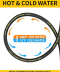 Heavy Duty Three Eighths Inch Pressure Washer Hose 200 Feet Long, 4800 PSI Rated, Steel Wire Braided With Swivel Quick Connect shown with hot and cold water use.