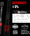 Three Eighth Inch Drive Click Torque Wrench With Five To Forty Five Foot Pound Range For Cars And Bikes DIY Projects High Precision Plus Laser Engraved Dual Scale Readout And Traceable Serial Certificate with calibration certificate displayed.