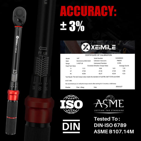 Three Eighth Inch Drive Click Torque Wrench With Five To Forty Five Foot Pound Range For Cars And Bikes DIY Projects High Precision Plus Laser Engraved Dual Scale Readout And Traceable Serial Certificate with calibration certificate displayed.