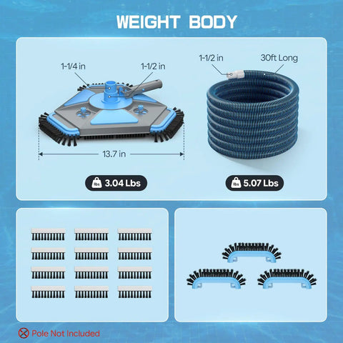 Pro Grade Heavy Duty Pool Vacuum Head And Hose Set With 360 Degree Swivel Cuff 1.5 Inch By 30 Foot Flexible Vacuum Hoses image