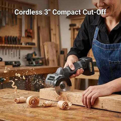 Person using Cordless 3 Inch G12 Series Cut Off Tool Kit 20,000 RPM Interchangeable Blades And Safety Guard on wood in workshop