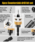 Image of a 4 Piece Carbide Countersink Drill Bit Set For Woodworking With 4 Flutes And Adjustable Low Friction Depth Stop And Stop Collar Pro Grade Durable Bits For Cabinetry And Fine Woodworking 2.8mm 3.2mm 3.5mm 4mm, showcasing features such as sharp cutter, four flute design, rubber ring, and drill depth gauge.