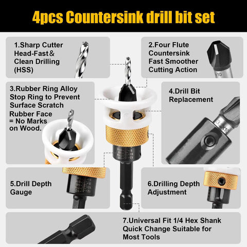 Image of a 4 Piece Carbide Countersink Drill Bit Set For Woodworking With 4 Flutes And Adjustable Low Friction Depth Stop And Stop Collar Pro Grade Durable Bits For Cabinetry And Fine Woodworking 2.8mm 3.2mm 3.5mm 4mm, showcasing features such as sharp cutter, four flute design, rubber ring, and drill depth gauge.