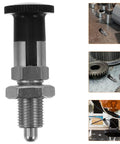 Heavy Duty Stainless Steel Self Locking Spring Plunger Pin With Kickass Safety Latch And Slick Indexing Action For Demanding Industrial Jobs Gearbox And Rigging close-up view with threaded base and handle.