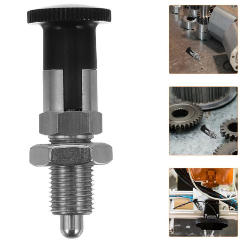 Heavy Duty Stainless Steel Self Locking Spring Plunger Pin With Kickass Safety Latch And Slick Indexing Action For Demanding Industrial Jobs Gearbox And Rigging close-up view with threaded base and handle.