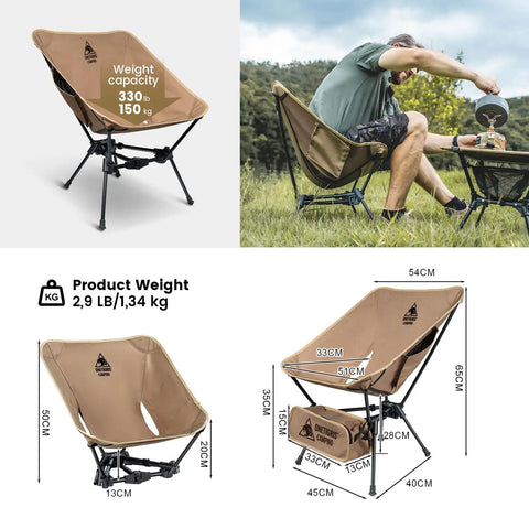 Tigerblade Camping Chair Lightweight Folding Backpacking Chair For Hiking Ultralight Portable With 330 Lb Capacity Detachable Fabric Easy Setup And Compact Design For Travel And Camp And All Day Comfort in use with dimensions shown.