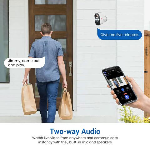 Man using smartphone with 1080P Wireless Outdoor Security Camera With Battery Power AI Human Detection Color Night Vision Two Way Audio.