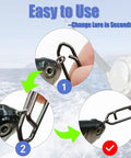 Step-by-step guide showing Heavy Duty Fishing Power Clips Hefty Pack Of Fifty Quick Release Split Rings And Snaps Stainless Steel Rust Proof in use for quick lure changes.
