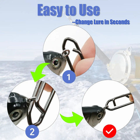 Step-by-step guide showing Heavy Duty Fishing Power Clips Hefty Pack Of Fifty Quick Release Split Rings And Snaps Stainless Steel Rust Proof in use for quick lure changes.