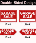 Double-sided garage sale sign set with front and back views, red and white arrows, part of Six Pack Garage Sale Signs With Stakes Set Includes Two Large 17x12 Signs And Four Arrow 17x6 Signs, Metal Stakes, Double Sided Waterproof Design, Yard Sale Supplies For Maximum Visibility And Easy Customer Turnout.