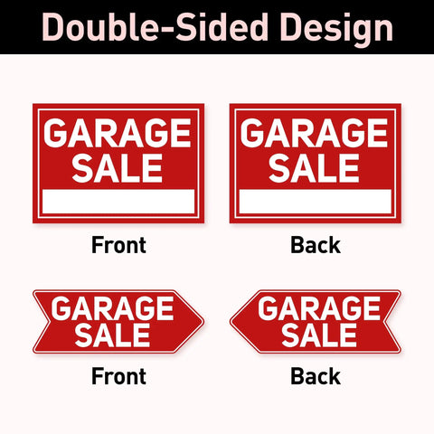Double-sided garage sale sign set with front and back views, red and white arrows, part of Six Pack Garage Sale Signs With Stakes Set Includes Two Large 17x12 Signs And Four Arrow 17x6 Signs, Metal Stakes, Double Sided Waterproof Design, Yard Sale Supplies For Maximum Visibility And Easy Customer Turnout.
