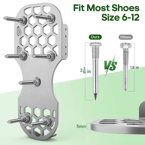 Pro-Grade Lawn Aerator Shoes With 5mm Metal Sole And Bend-Resistant Spikes, size comparison of 2 3/16" spikes vs 1.8" spikes