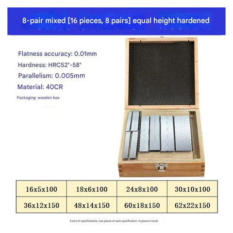 Heavy Duty Hella Accurate Parallel Gauge Blocks And CNC Milling Pads Set Crafted From Solid Alloy Steel For Table Saw Router Clamping Plus Top Shelf Workshop Precision Runs in wooden box.