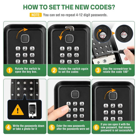 Instruction guide for setting codes on Waterproof Key Lock Box With Code Wall Mount Safe For House Keys Realtors And Garage Spare Keys 12 Digit Keypad Lock Box High Security With Easy Reset Durable Weatherproof Key Storage For Real Estate Pros
