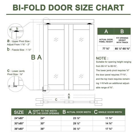 Bi-fold door size chart for 72 Inch Wide By 80 Inch Tall Mirrored Bifold Door Built Tough With Solid Core Construction.