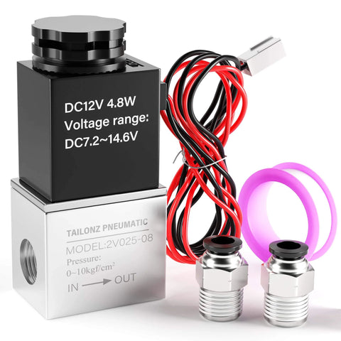 12V DC One Quarter Inch NPT Solenoid Air Valve, 2 Way Normally Closed, 2V025-08 Outlet Wire for Pneumatic Systems