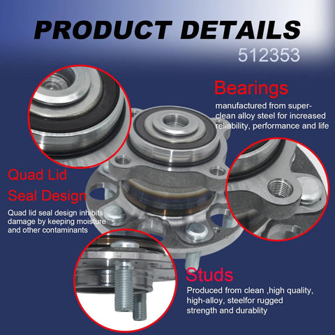 Product image showing details of Rear Wheel Bearing Hub Assembly 512353 Fit Honda Accord 2008 2012 And Acura TSX 2009 2014 Replacement For Rear Left And Right Wheels With Reference Part Numbers 512353 42200TA0A51 52350TA0A00, highlighting bearings, quad lid seal design, and stud quality.