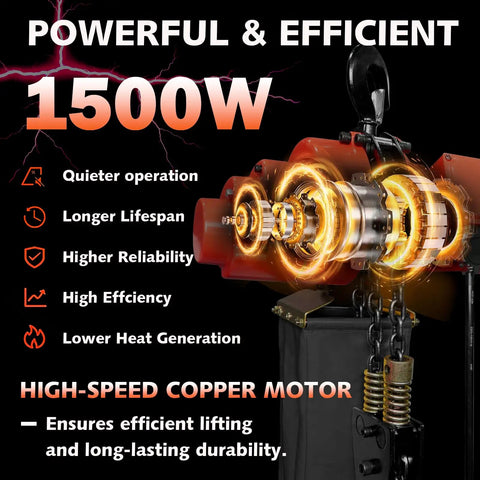 Beefy 2 In 1 Electric Chain Hoist With 2200 Lbs Pull Capacity And 20 Ft Lift Featuring Industrial Grade G80 Steel Chain For Heavy Duty Garage Shop Hauling And Rigging Workloads motor with features like 1500W power and high-speed copper.