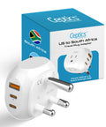 South Africa Travel Adapter With 5 In 1 Input And QC 3.1A Dual USB And USB C, Ultra Compact And Lightweight, White, Your Go To For US To Type M Outlets In Namibia, Botswana And More next to packaging box