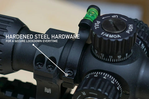 Close-up of Rifle Scope Level Bubble For 30 Mm Tubes, Anti Cant Tool with hardened steel hardware and bubble level indicator.