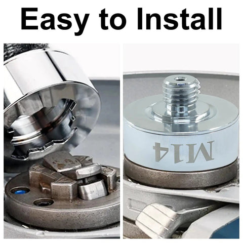 Close-up of XLOCK M14 Thread Adapter Kit With Grinder Quick Change Nut showing installation on angle grinder.