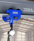 1 Ton Beam Trolley With Heavy Duty Manual Push, blue adjustable flange 2.5 to 8 inches, attached to I-beam with chain block in warehouse.