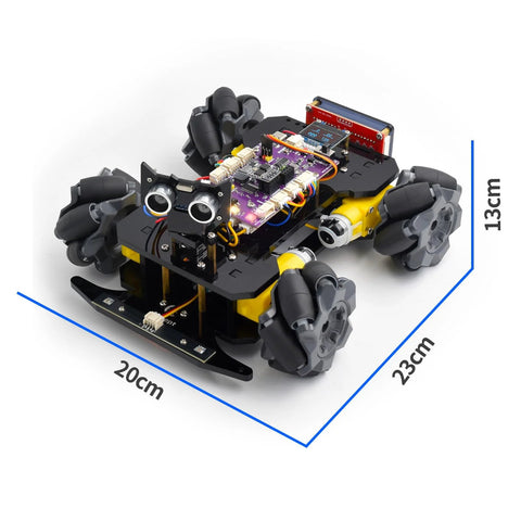 Front view of Adeept Mecanum Wheel Smart Car Kit with Arduino-compatible control board, four wheels, OLED display