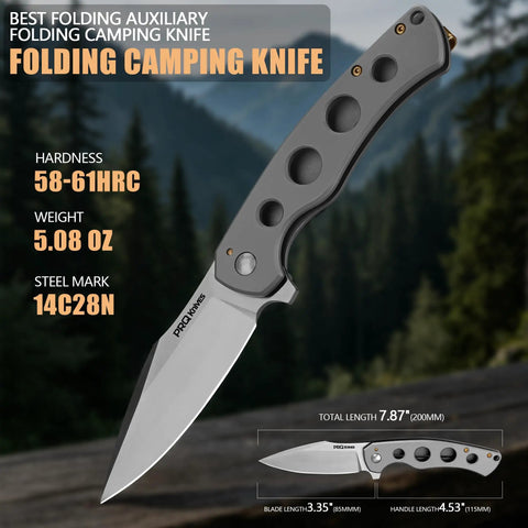 Nomad EDC Folding Pocket Knife with 3.54 Inch 14C28N steel blade, satin finish, shown with hardness and weight details.