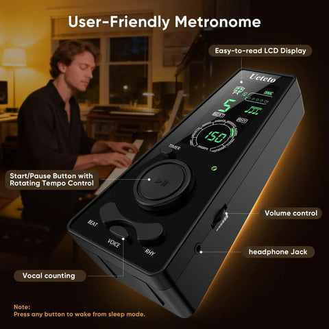 Digital Metronome For Piano Guitar Drums With Clear LCD Screen And Flashing Light, 9 Rhythm Patterns, and user in background.