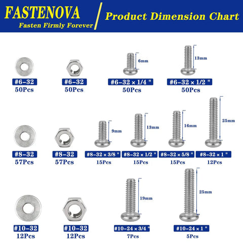 Straight Up Heavy Duty 357 Piece Phillips Pan Head Machine Screws Assortment Kit With 304 Stainless Steel Nuts Washers And Rugged Storage Case For Garage Projects dimension chart showing various screw sizes and types.